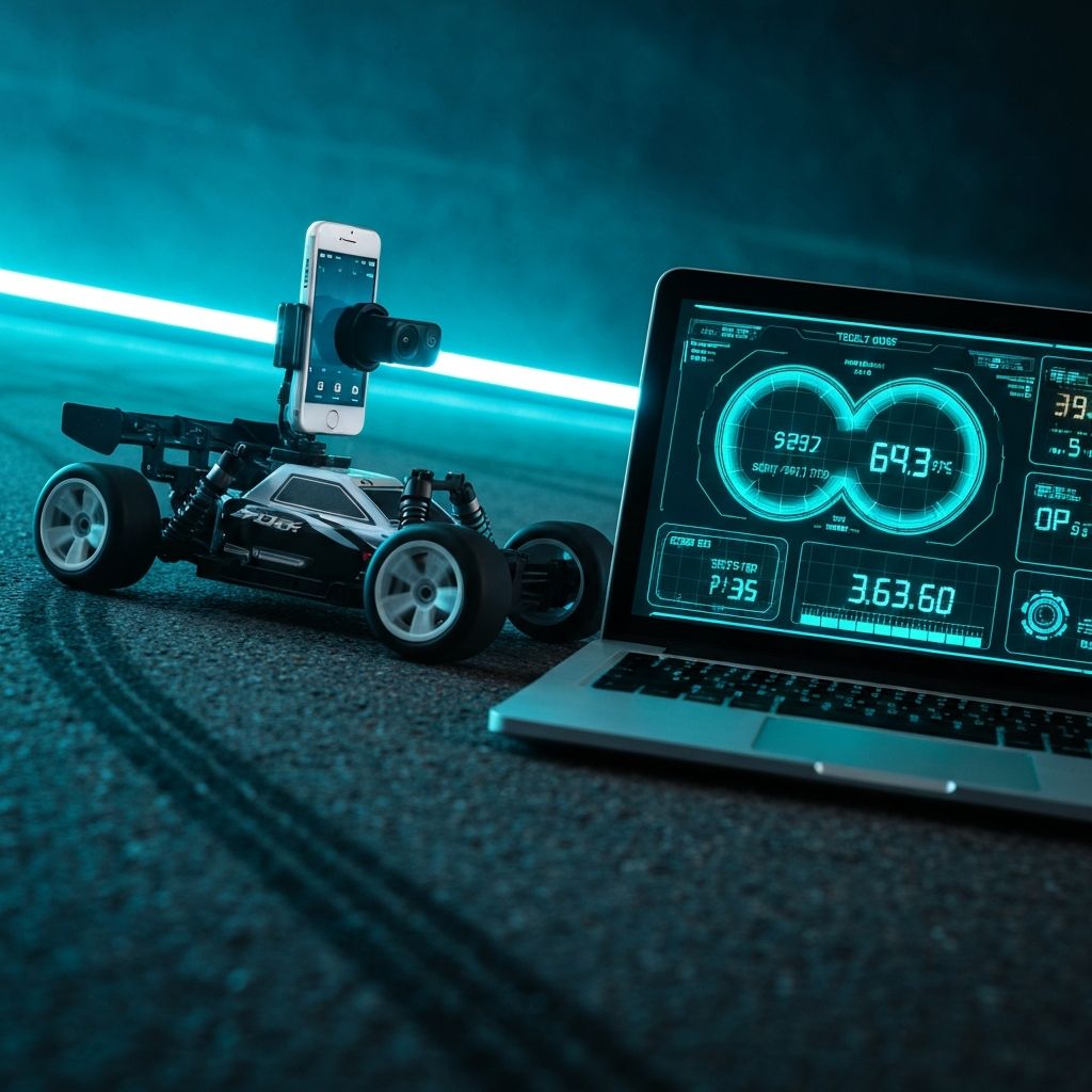 RC car with mounted phone streaming to laptop cockpit